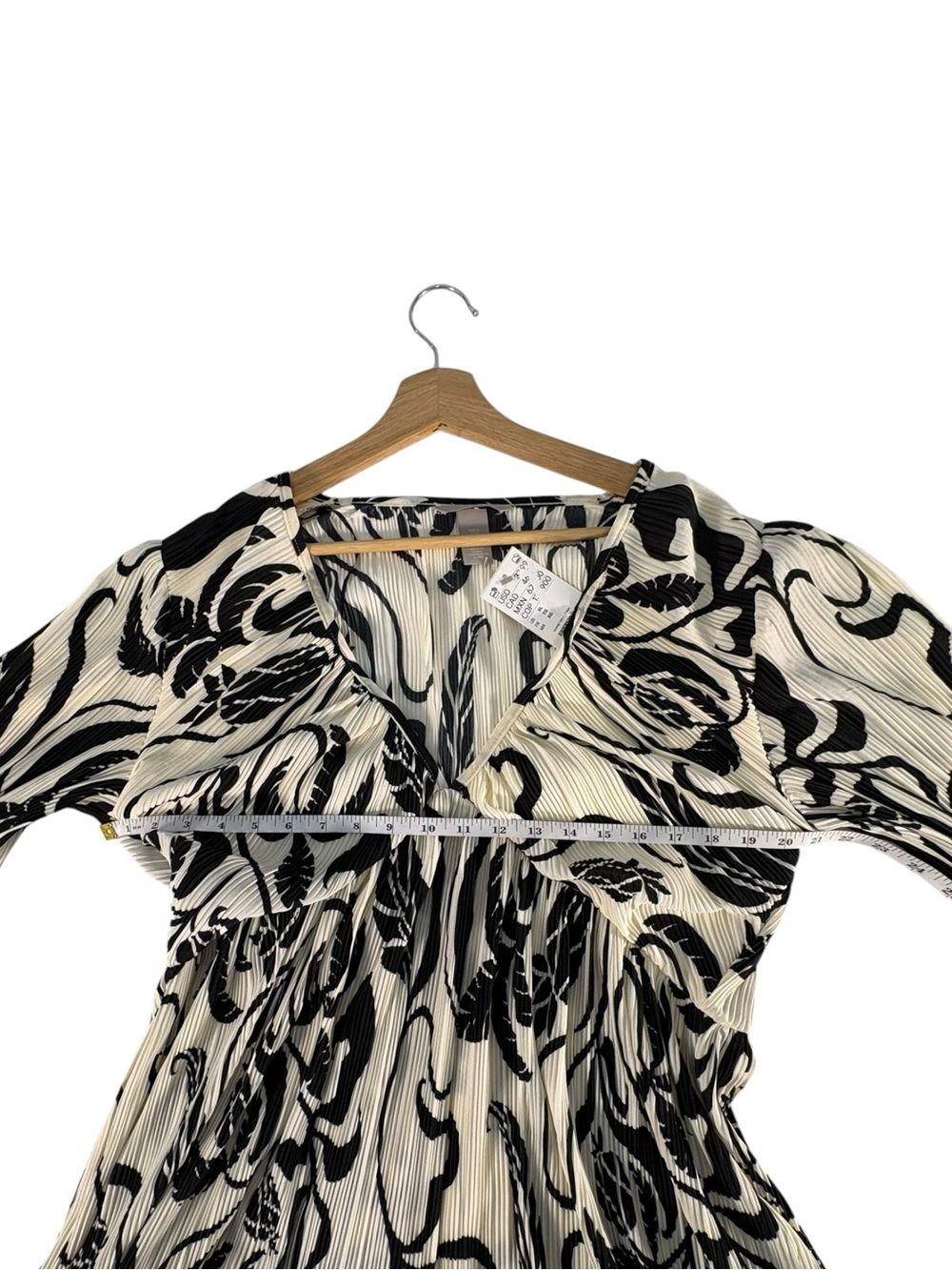 H&M Plissé Mini Dress XL NWT Black Cream Floral Balloon Sleeve Boho Cottagecore - Picture 9 of 10